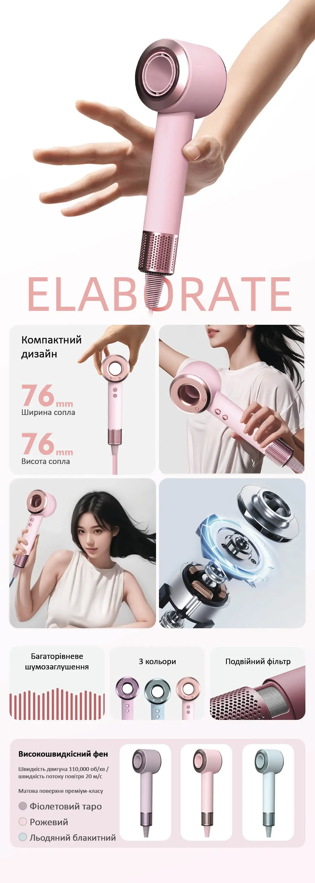 Фен Daiwall G5 - це компактний дизайн, багаторівневе шумозаглушення, 3 кольори та подвійний фільтр